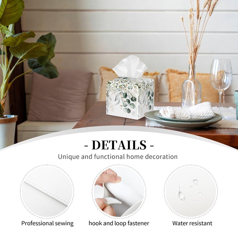 sndheke Eucalyptus Leaves and Flowers Tissue Box Cover Square,Watercolor Green Leaves Branches Tissue Box Holder Waterproof Leather Facial Paper Organizer Dispenser for Bathroom Home Car Nightstand Vanity - Image 3